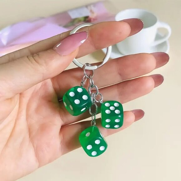Green Lucky Dice Keychain with 3 Dice Charms Fun Novelty Gift for Gamers & Cars - Picture 1 of 2
